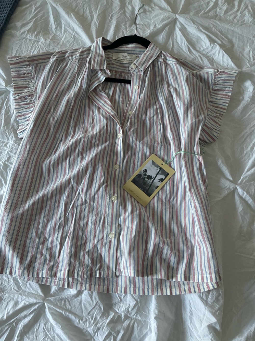 Trovata- Lightweight Striped Button-Up Blouse in White, Pink & Blue